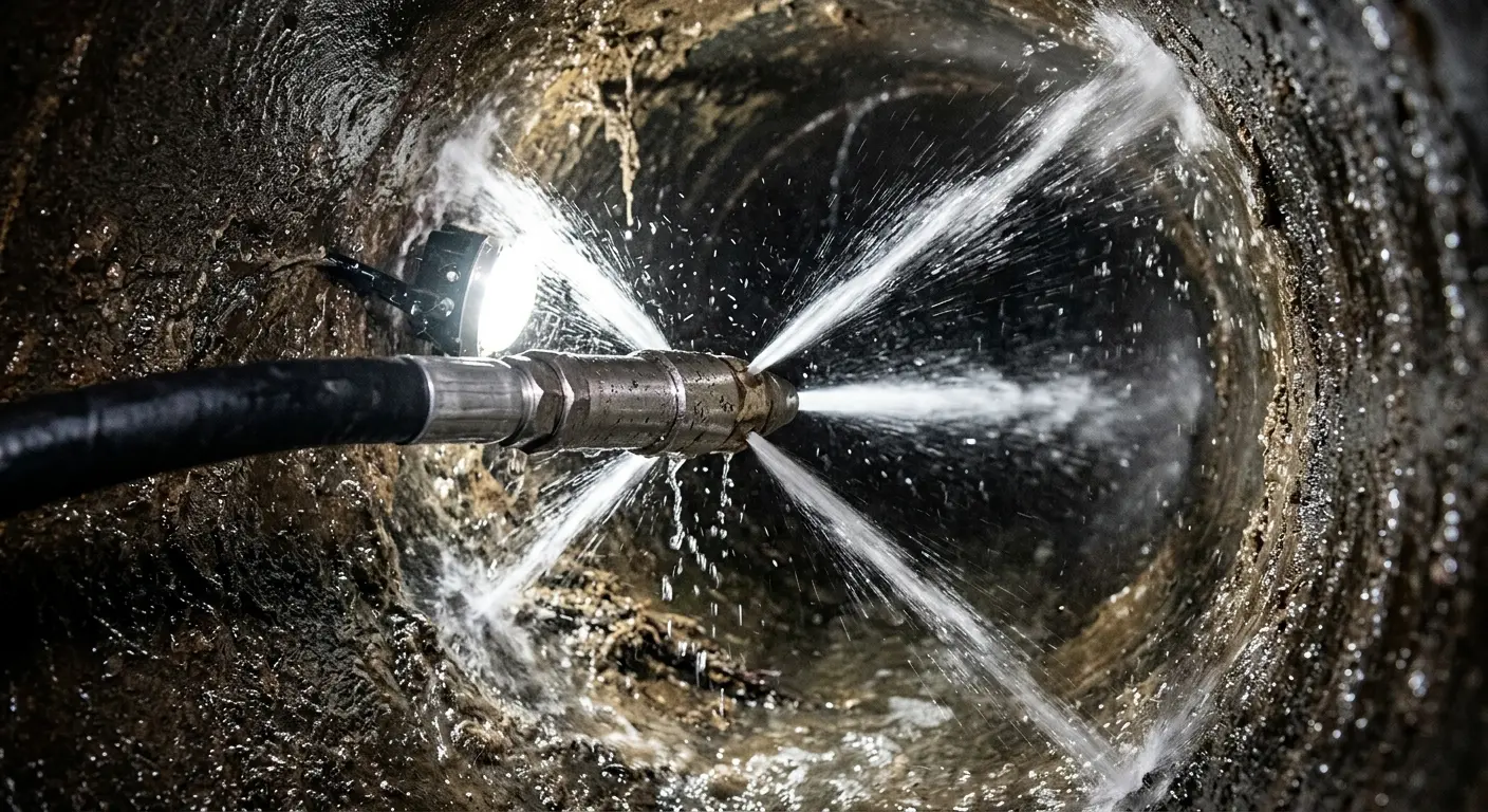 High-pressure hydro jetting nozzle cleaning sewer pipe for Trenchless Sewer Repair in Highland Park