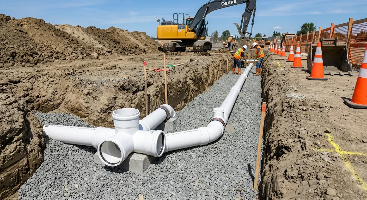 New PVC sewer pipe installation in open trench for Commercial Drain Cleaning in Highland Park