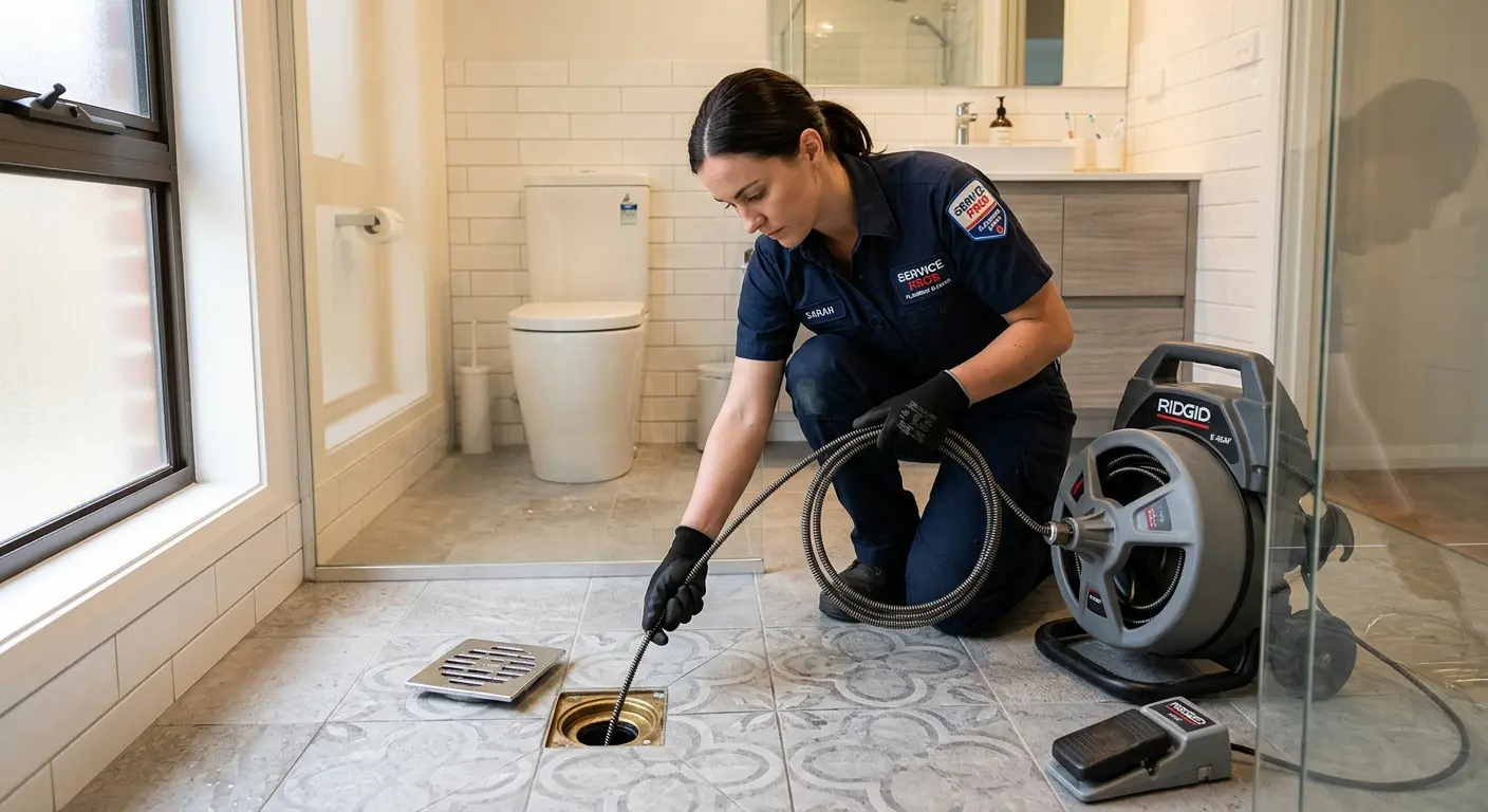 Technician clearing a bathroom floor drain for Sewer Line Replacement in Highland Park